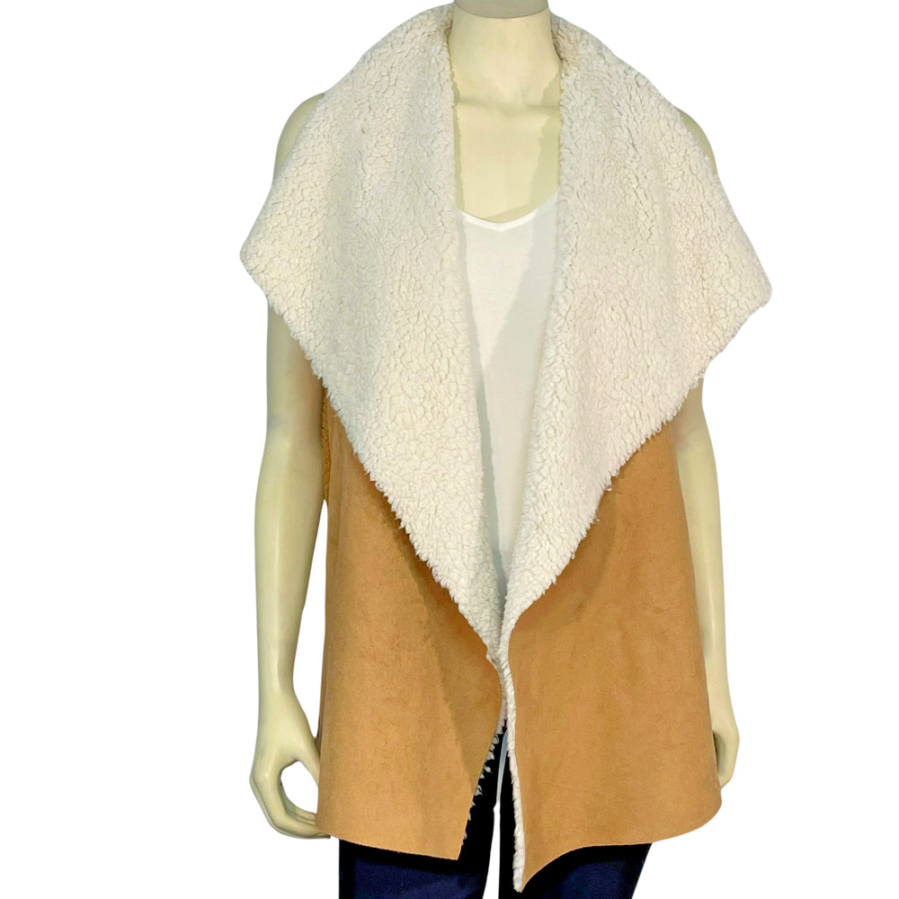 Signature Studio Sz M Open Cardigan Vest Faux Suede Shearling Front & Knit Back